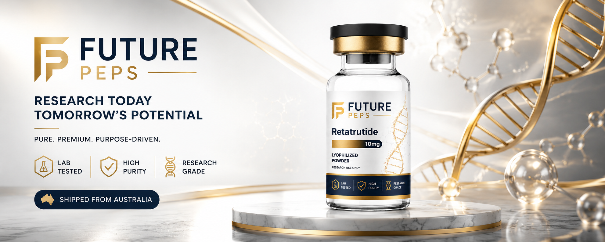 Future Peps desktop hero featuring Retatrutide vial, gold DNA artwork and Australian shipping message