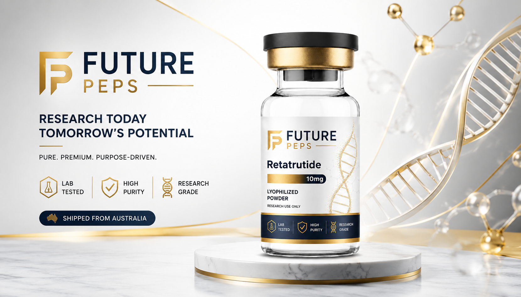 Future Peps mobile hero featuring Retatrutide vial and Australian dispatch messaging